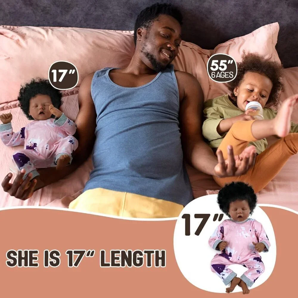 🆕17-Inch Cloth Body Baby Doll African American Soft Curls Hairs Baby Dolls Girl